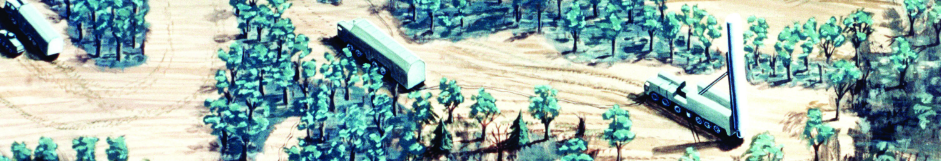 Painting featuring forests and the placement of vehicles capable of launching missiles.